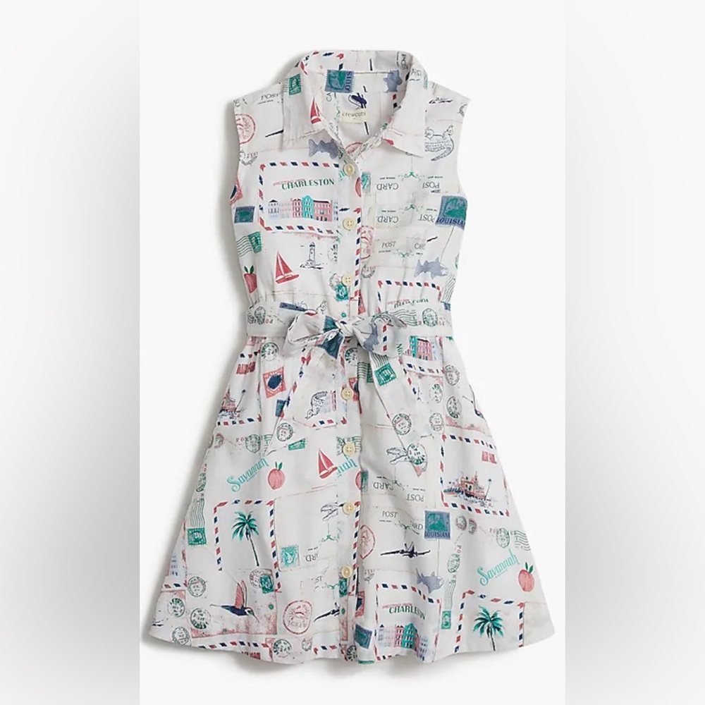 Crewcuts Factory Girls Size 8 Multicolor Waist Tie Postcard Print Shirt Dress